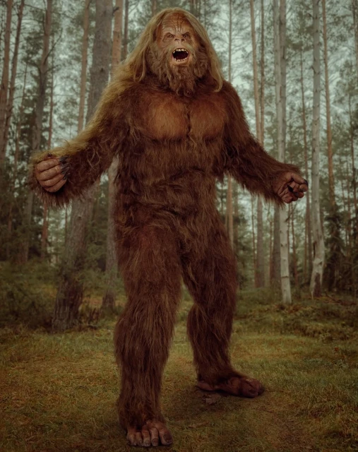 Full-bodied image of a Bigfoot-like creature with long brown hair and fur standing in a wooded area with arms outstretched.